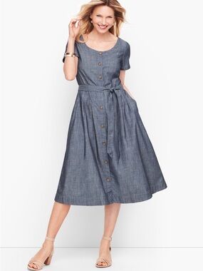 Talbots Chambray Blue Button-Front Midi Dress Fit & Flare with Waist Tie 2P